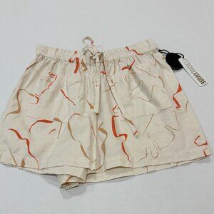 NWT AMUSE SOCIETY Linen Blend Beige Print Shorts Sz S Drawstring Front Pockets
